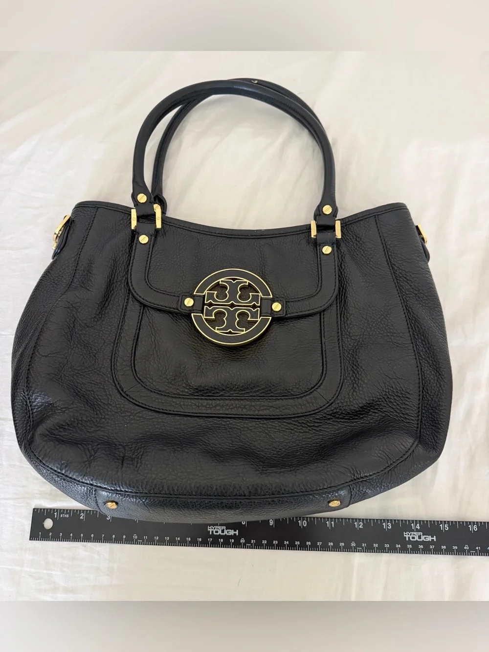 Tory Burch Black Leather Shoulder Tote with Gold Logo